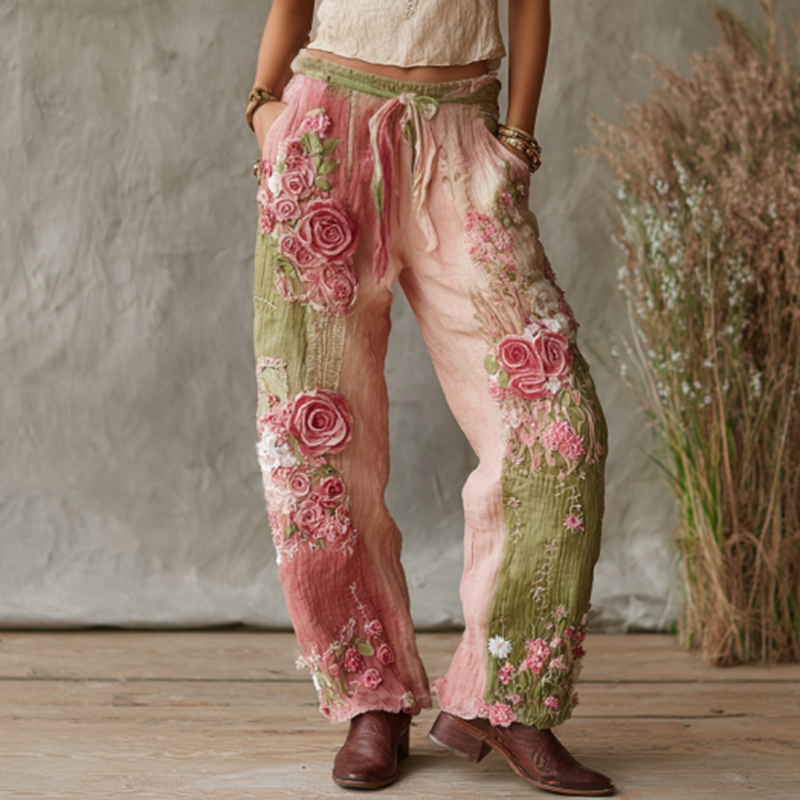 Love and Health Collection Retro Western Women Style Vintage Rose and Floral Patchwork Art Linen Pants