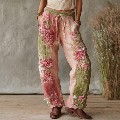 Love and Health Collection Retro Western Women Style Vintage Rose and Floral Patchwork Art Linen Pants