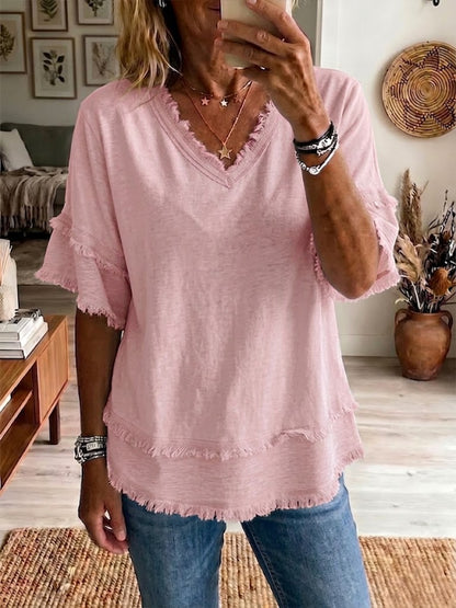 Casual Short-Sleeve Raw-Hem Linen-Blend Top