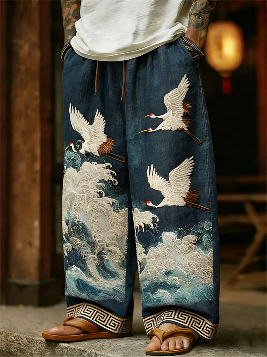 Men's Japanese Cranes and Sea Waves Linen Pants