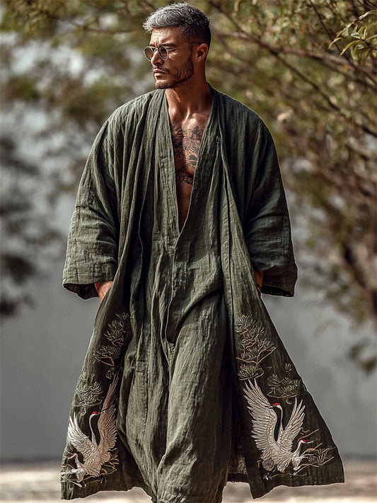 Men's Japanese Cranes and Pine Trees Linen Long Kimono