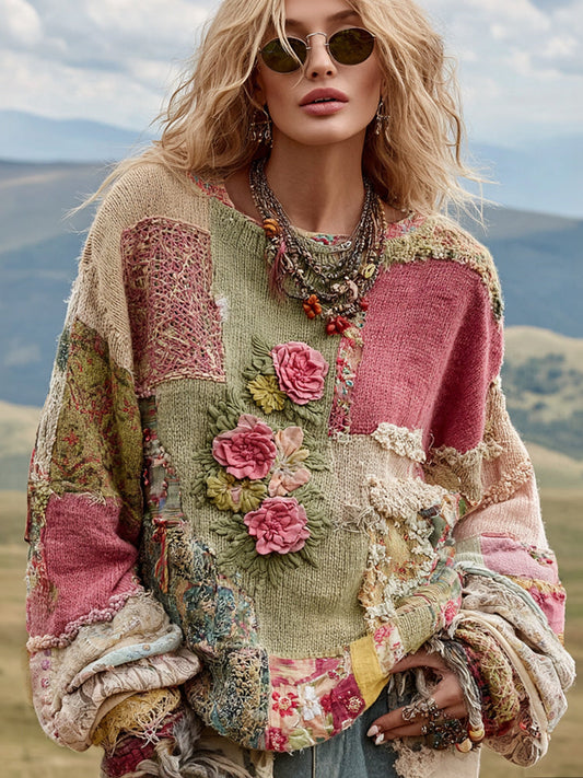 Vintage Floral Embroidery Patchwork Art Print Cozy Knit Sweater