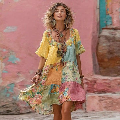 Flower Embroidery Macaron Patchwork Art Crew Neck Linen Blend Midi Dress