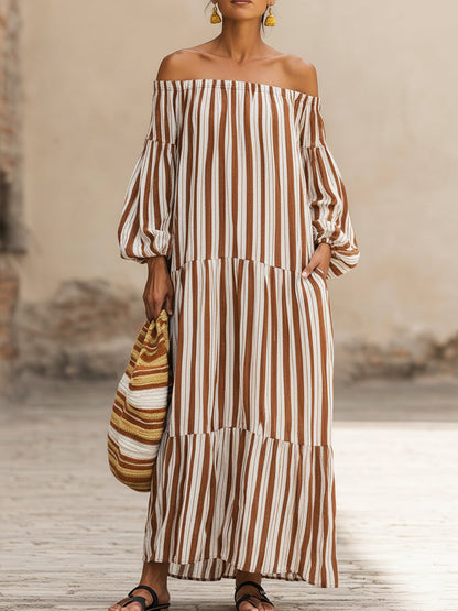 Casual Vacation Off-the-Shoulder Striped Linen Dress