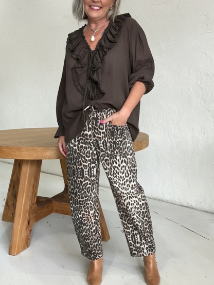 Casual Cozy Leopard Print Stretch Cotton Straight Leg Pants