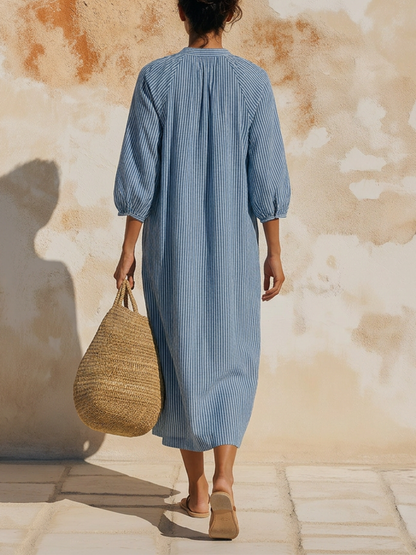Blue and White Striped Linen Blend Midi Dress