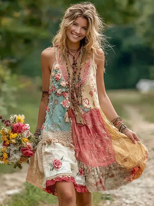 Holiday Embroidered Floral Patchwork V-Neck Tank Dress