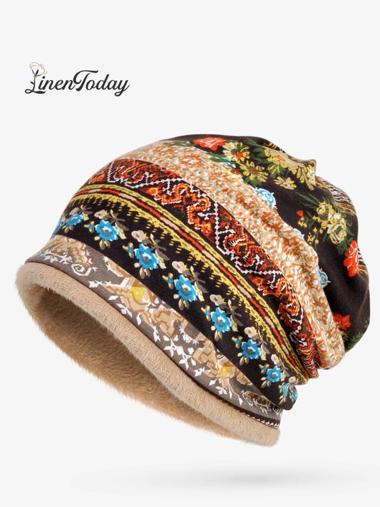 Retro Tribal Printed Cotton Fleece Dual Use Scarf Beanie Hat