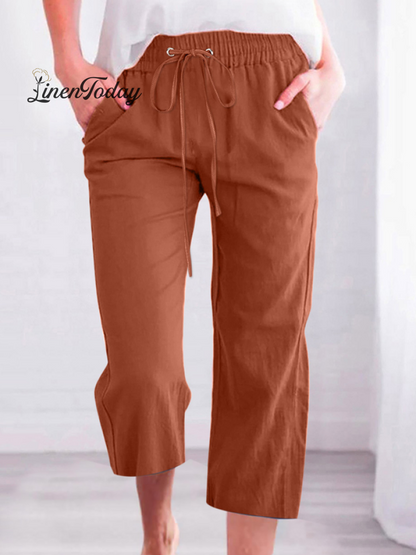 Casual Summer Linen Pants High-Waisted Loose Yoga Sweatpants Crop Pants with Pockets