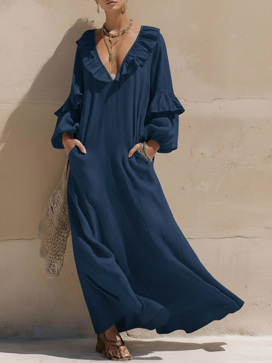 Solid Color Ruffle V-Neck Long-Sleeved Casual Loose Cotton and Linen Dress