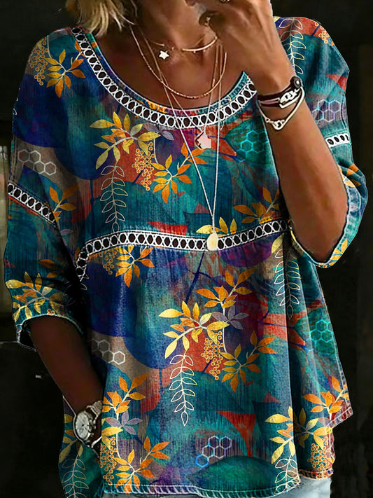 Vintage Floral Casual Loose Denim Blouse Shirt