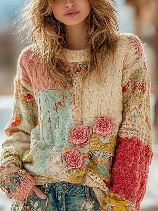 Vintage Chunky Needle Rose Floral Stitching Warm Crew Neck Sweater