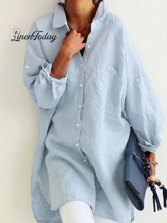 Cotton Linen Pocket Casual Shirt Skirt