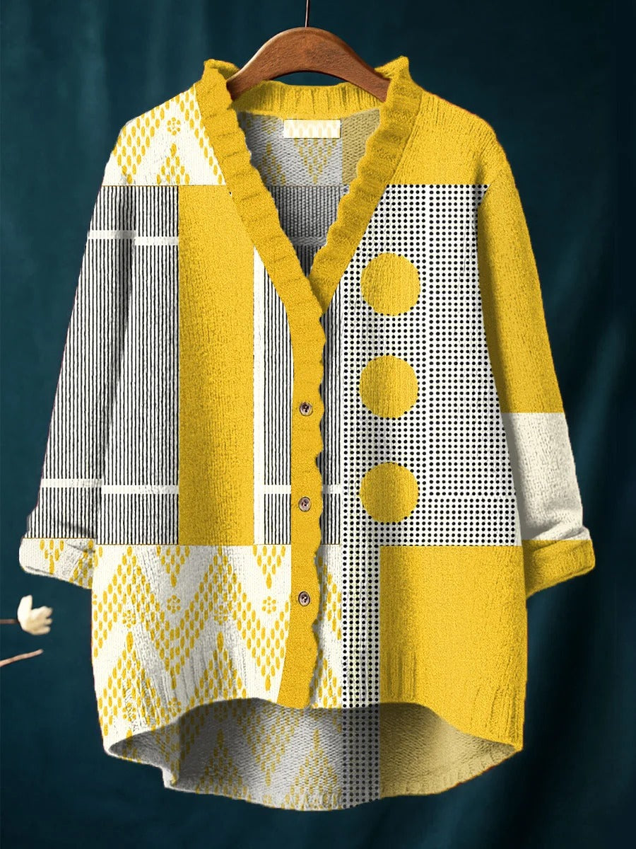 Vintage Abstract Geometric Art Print Casual Peter Pan Collar 3/4-Sleeve Sweater