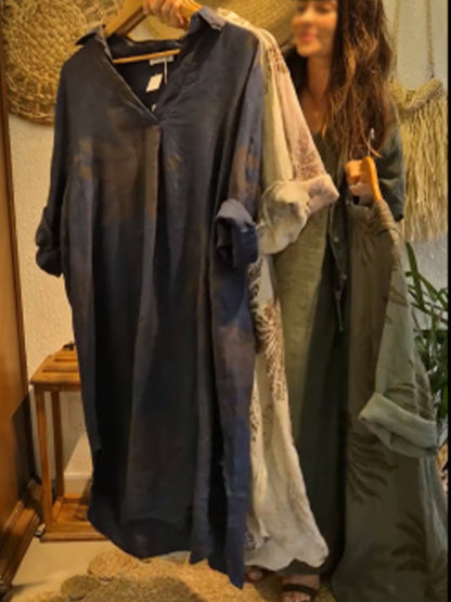 Casual Leaf Print Linen and Cotton Dress