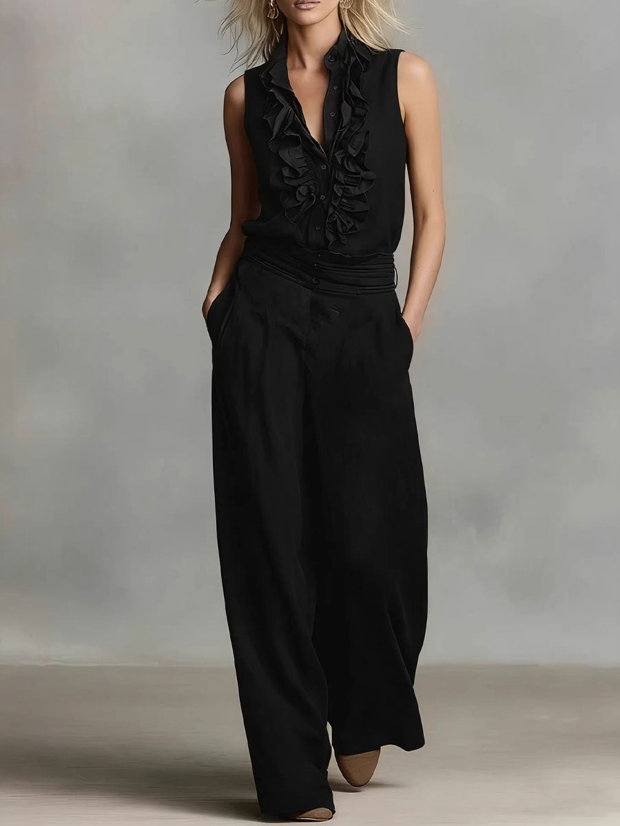 Simple Linen Sleeveless Casual Shirt and Wide-Leg Pants Set