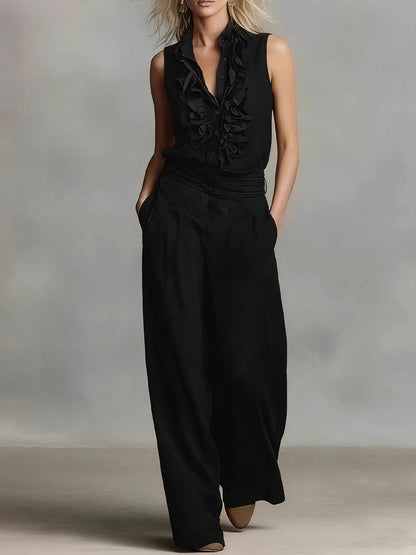 Simple Linen Sleeveless Casual Shirt and Wide-Leg Pants Set