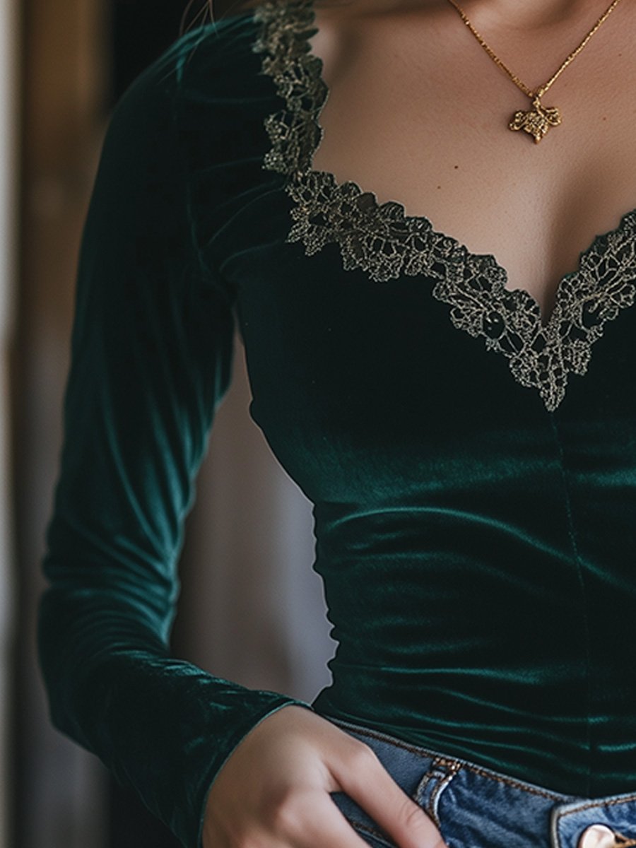 (clearance)v-Neck Velvet Lace Slim-Fit Long-Sleeved Shirt