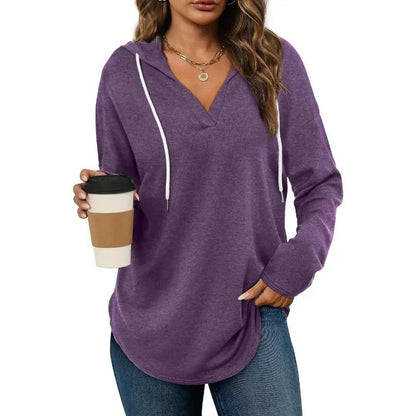 WIHOLL Women's Soft V-Neck Hooded Tunic Top - Lightweight Long Sleeve Pullover